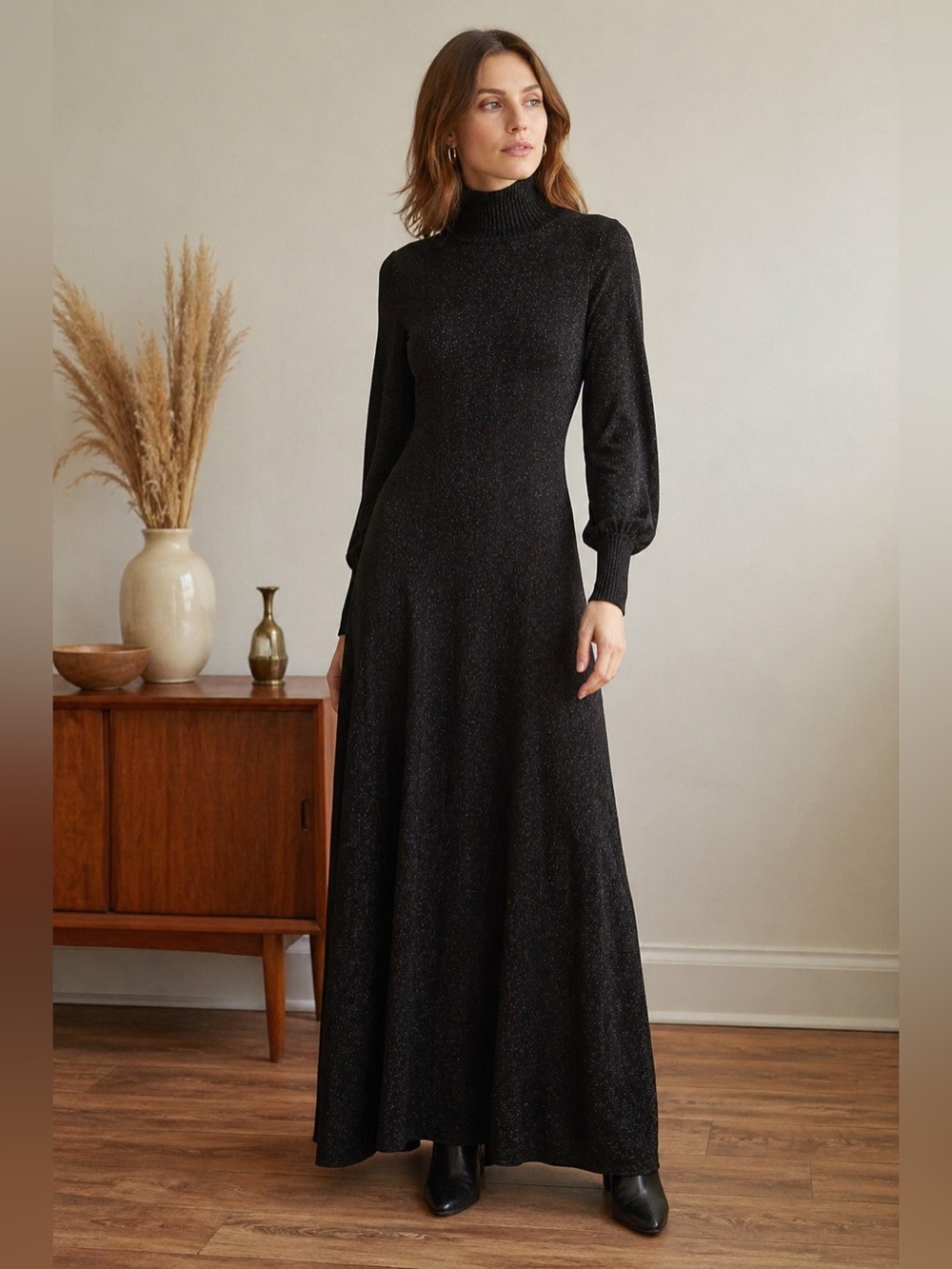Roncalli Bunting Black Lurex Knit Maxi Dress Turtleneck Long Sleeve Shimmer